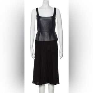 Sportmax Black Leather Peplum Top with Black Pleated Midi Skirt